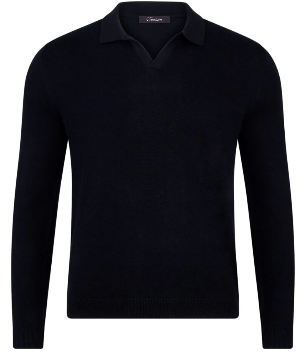 Black Long Sleeve Cotton Buttonless Polo