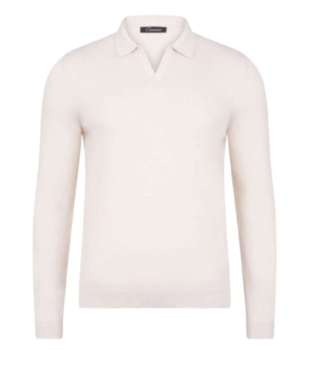 Creme Long Sleeve Cotton Buttonless Polo