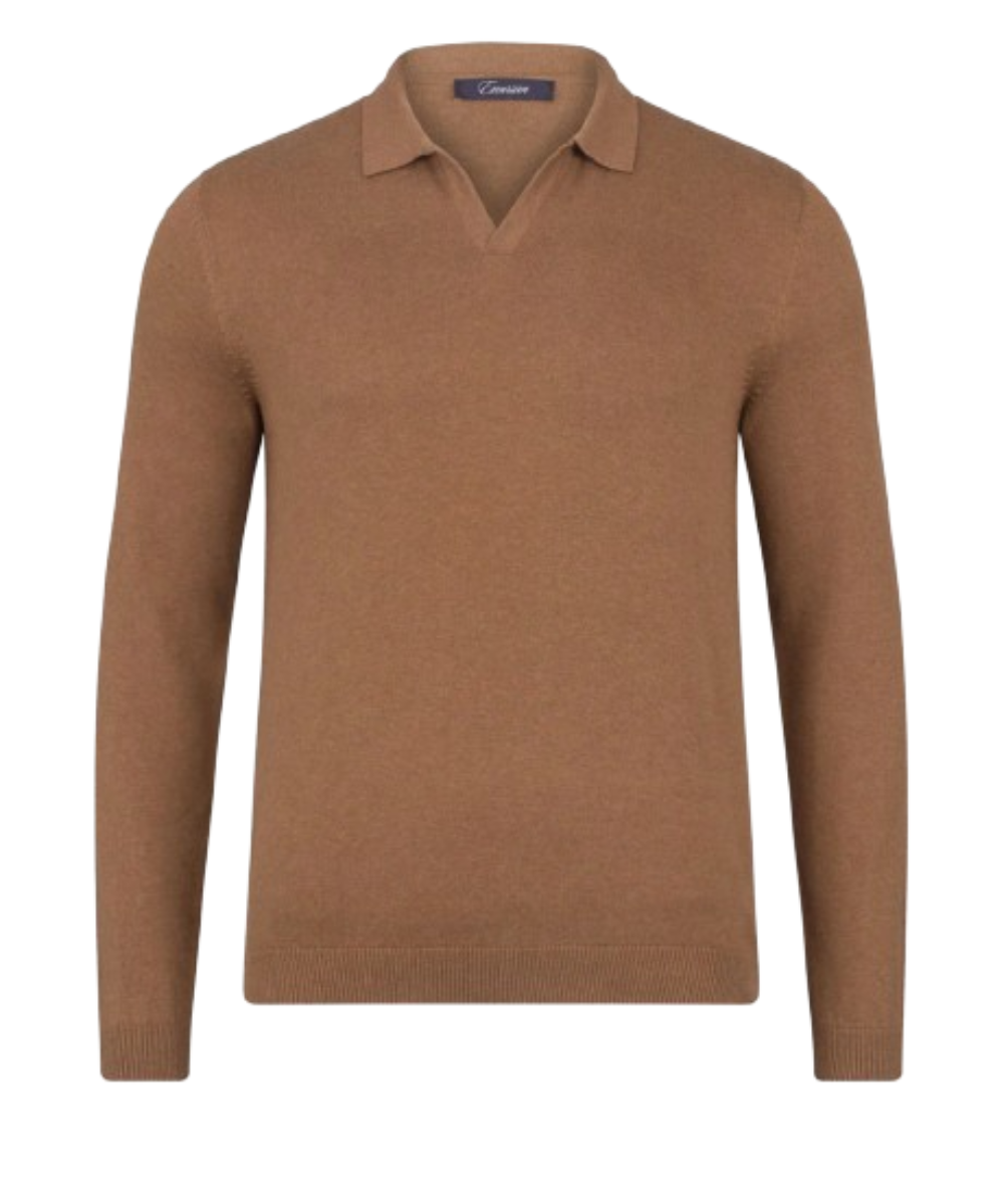 Brown Long Sleeve Cotton Buttonless Polo